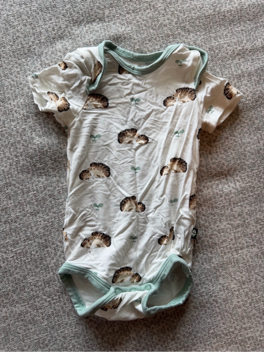 Kyte BABY White Bodysuit with Hedgehog Print and Mint Trim